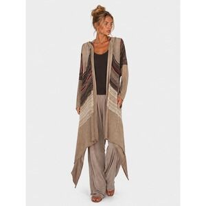 Elan Hooded Open Knit Boho Lagenlook long Cardigan Size L